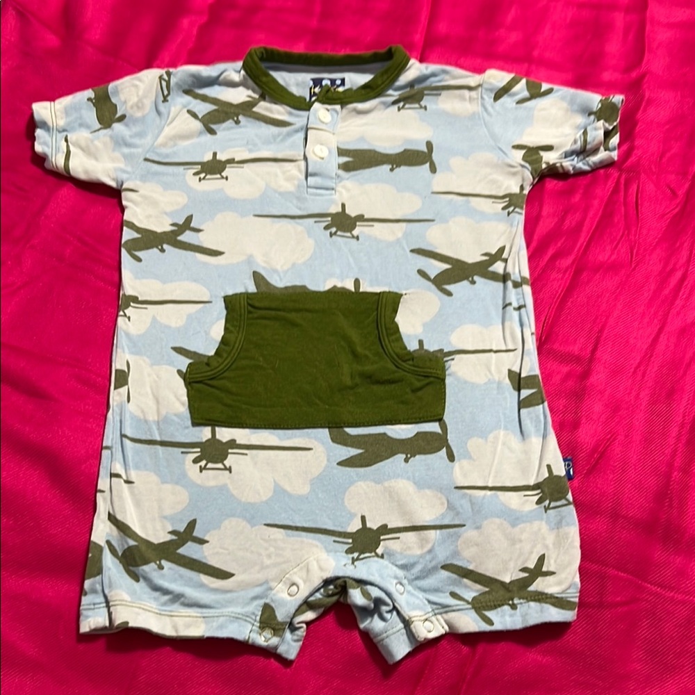 Kickee Pants Blue and Green Airplane One Piece